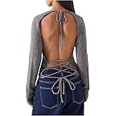 MakeMeChic Women's Open Back Lace Up Sweater Crew Neck Long Sleeve Y2k Pullover Tops
