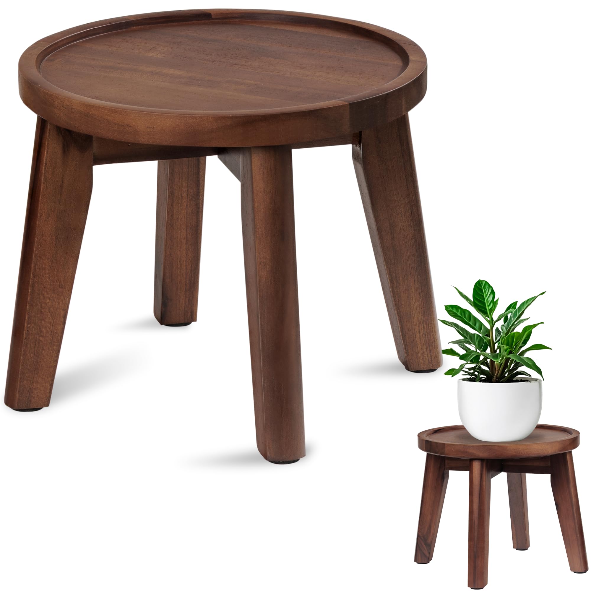 Photo 1 of Demigo Indoor Plant Stand, Acacia Wooden Decorative Plant Shelf with Spill-Proof Tray, Stable 8” Tall Flower Holder for Heavy Pots, Gardening Display for Decor Living Room Patio - Dark Brown