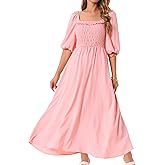 Seta T Women's Summer Dresses Casual Puff Half Sleeve Square Neck Smocked Flowy Maxi Dress with Pockets
