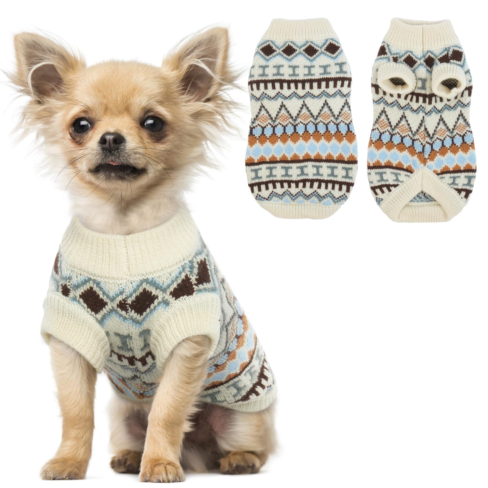 Hjumarayan Dog Jumper - Boho Dog Jumpers Small Medium Large, Knitted Christmas Sweater with Harness Hole, Thick Warm Winter Clothes for Chihuahua, Yorkshire Terrier, White XS