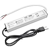 30W 12 Volt LED Power Supply, Waterproof IP67 LED Driver, 110V AC to 12V DC Converter, LED Transformer Low Voltage Output with 3-Prong Plug 3.3 Feet Cable for Light Strip, 2.5Amp