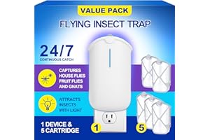 INRAGEO Flying Insect Trap & 5 Cartridges - Attracts and Traps Flying Insects Fruit Flies Mosquitoes - Compatible with ZEVOM364A Refill (1 Plug-in Base + 5 Cartridges)