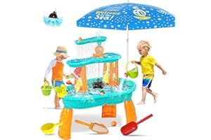 HANDWELL Upgraded Sand Water Table for Toddlers, Auto Water-Absorbing 3-Tier Outdoor Activity Table with Umbrella & 20PCS Water Toy Accessories, Outside Water Play Toys Sensory Table for Kids Summer Toy Gift