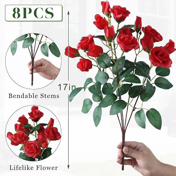 JUXDP 8 BUNDLES 17″ ARTIFICIAL ROSES, REALISTIC SILK BOUQUET FLOWER(RED)