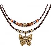 Ocapind Layered Boho Beaded Necklace, Vintage Butterfly Pendant Necklaces | for Women, Bohemian Adjustable, Wooden Beads, Layered Braided Choker, Leather Rope Necklace, Jewelry
