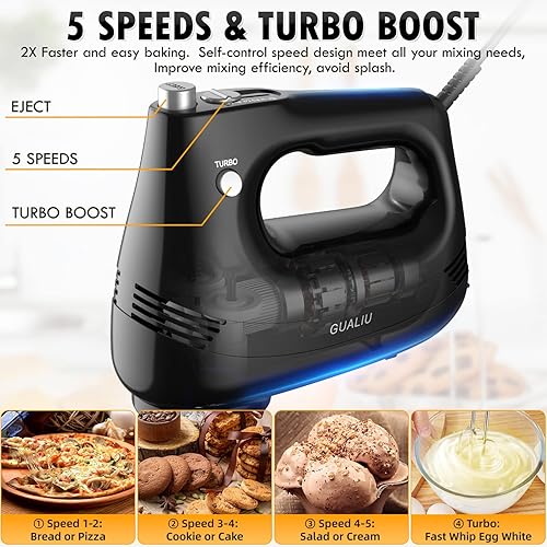 GUALIU Electric Hand Mixer with Stainless Steel Whisk, Dough Hook