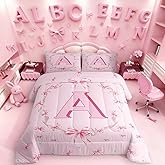 Erosebridal Initial Letter A Comforter Set Queen Cute Kawaii Bow Bedding Set for Kids Girls Teen Women,Pink Princess Letter Bowknot Bedding Comforter Sets Romantic Chic Quilt Duvet for Bedroom