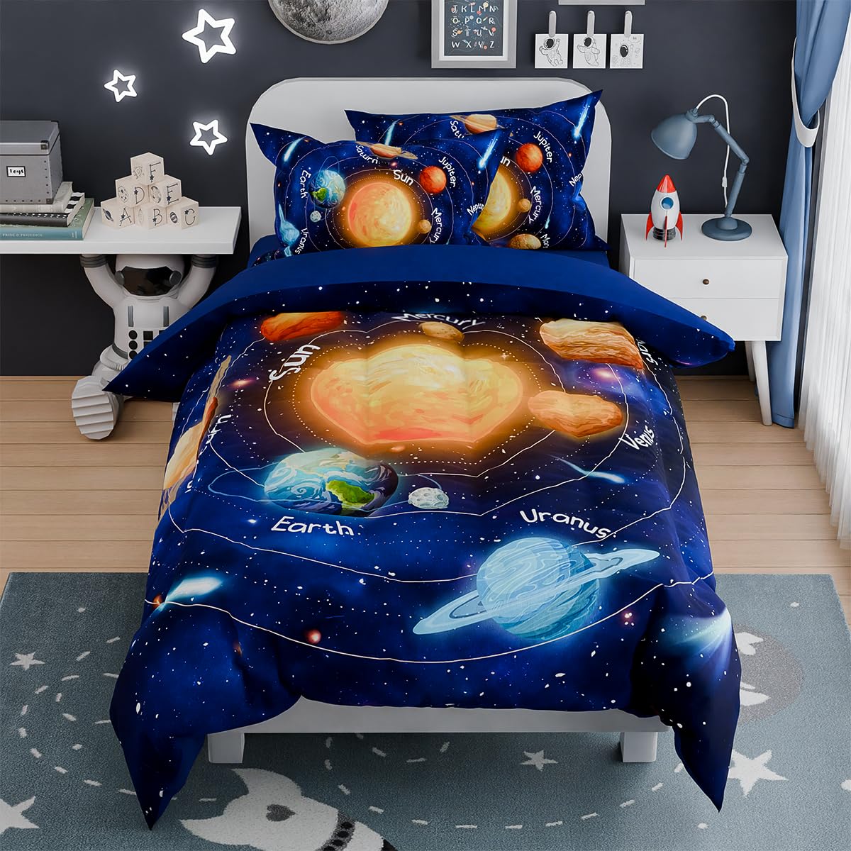Photo 1 of SANDJEST Solar System Comforter Set Full, Ultra Soft Microfiber Bedding Sets with 4-Pieces, Comforters Bed Sets for Kids Children Boy Bedroom Decor