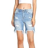 Cello Jeans Women's Juniors High Rise Distressed Denim Bermuda Shorts (S, Dark Denim)