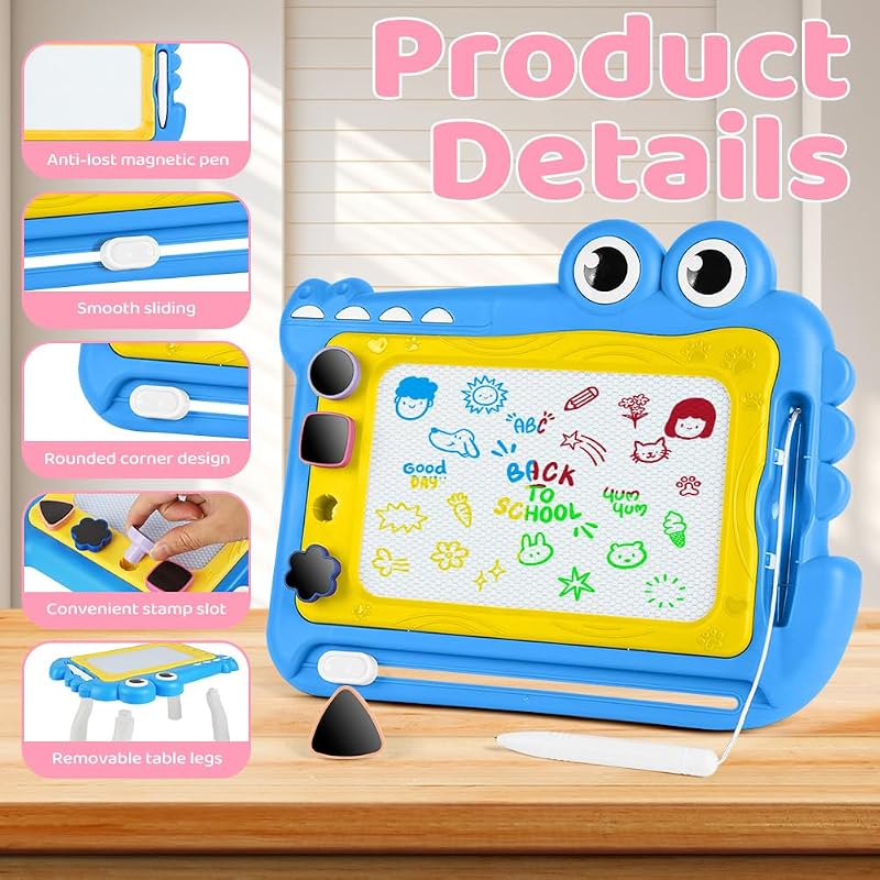 Ardoise Magique Enfant, Jouet Bebe 1-5 Ans Planche à Dessin Magnétique à 4 Couleurs avec Stylo et 4 Tampons, Tableau Magnétique Effaçable Jouet Éducatif pour Filles Garçons, Crocodile Bleu