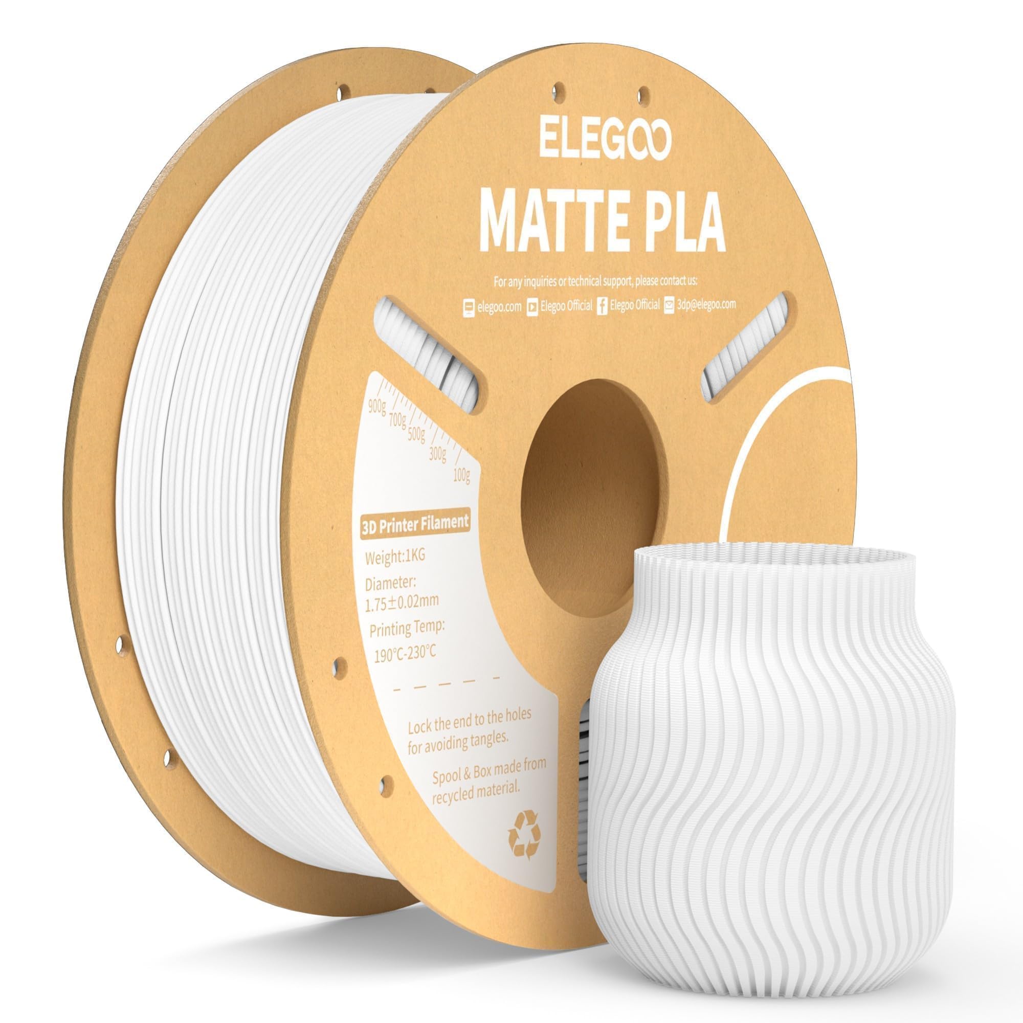 ELEGOO Matte PLA Filament Matte White 1KG, 1.75mm