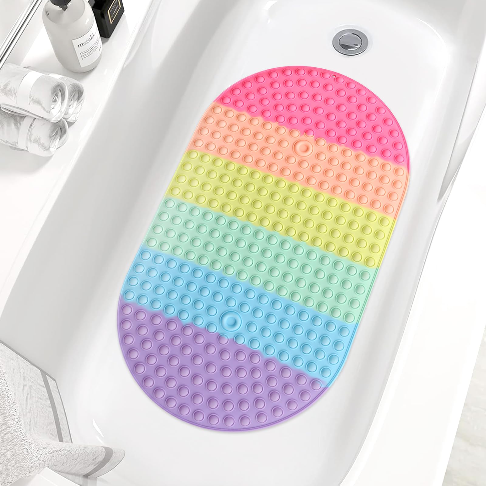 ZOKBOM Bath Shower Mat Non Slip 70x40cm, Oval Bathtub Mats Anti Mould, Colourful Silicone Bath Mat for Tub with Suction Cups, Machine Washable & BPA Free