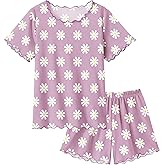Arshiner Girls Pajama Set Short Sleeve Lounge Set Soft Shirring Summer Sleepwear Pj Sets