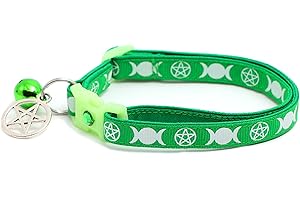 PUGS TO PERSIANS Wicca Cat Collar with Occult Charm & Bell | Witch’s Familiar Cat Collar | Witch Kitten Collar Charms | Glow in The Dark | Safety Breakaway Collar (Large(10lbs & Up), Solid Green)