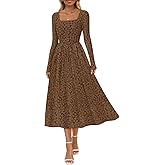 MEROKEETY Women's Floral 2025 Fall Midi Dresses Long Sleeve Square Neck Flowy A Line Wedding Ruched Dress Pockets