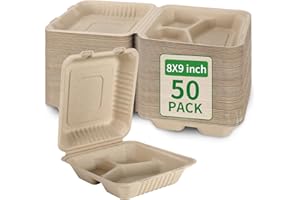 Aricsen 50 Pack 3 Compartment Compostable 8x9 Inch Takeout Lunch Box Containers with Lid To Go Take Out Clamshell for Food, Disposable Eco-Friendly Biodegradable Bagasse, PFAS-Free, Brown