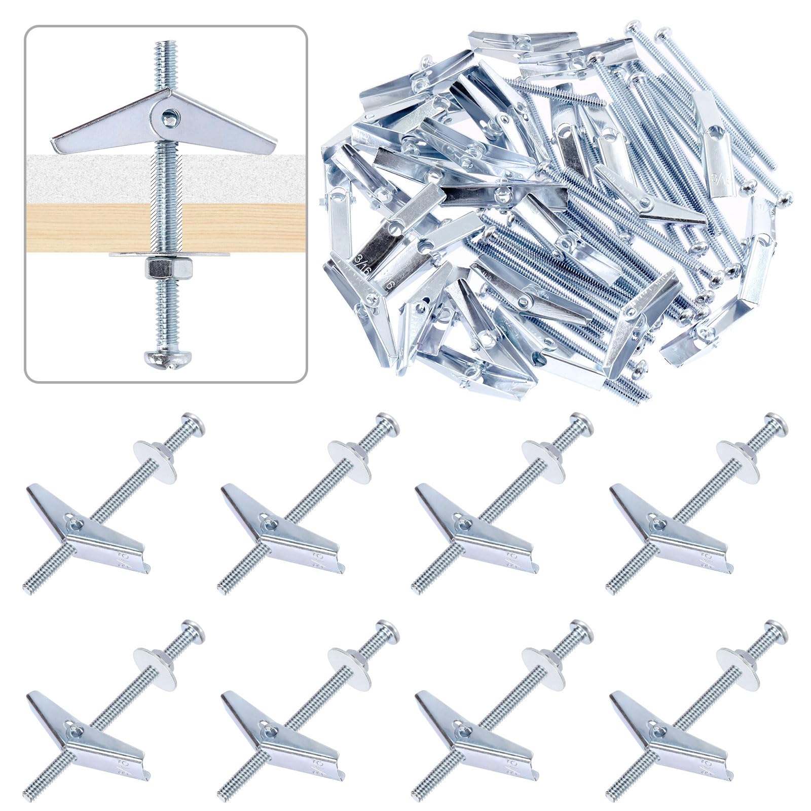 Tanstic 30 Sets 3/16 Inch Toggle Bolt and Wing Nut Assortment Kit, Butterfly Toggle Anchors with Wing Nuts, Hex Nuts, Washers, Hollow Drywall Anchors and Screws for Drywall