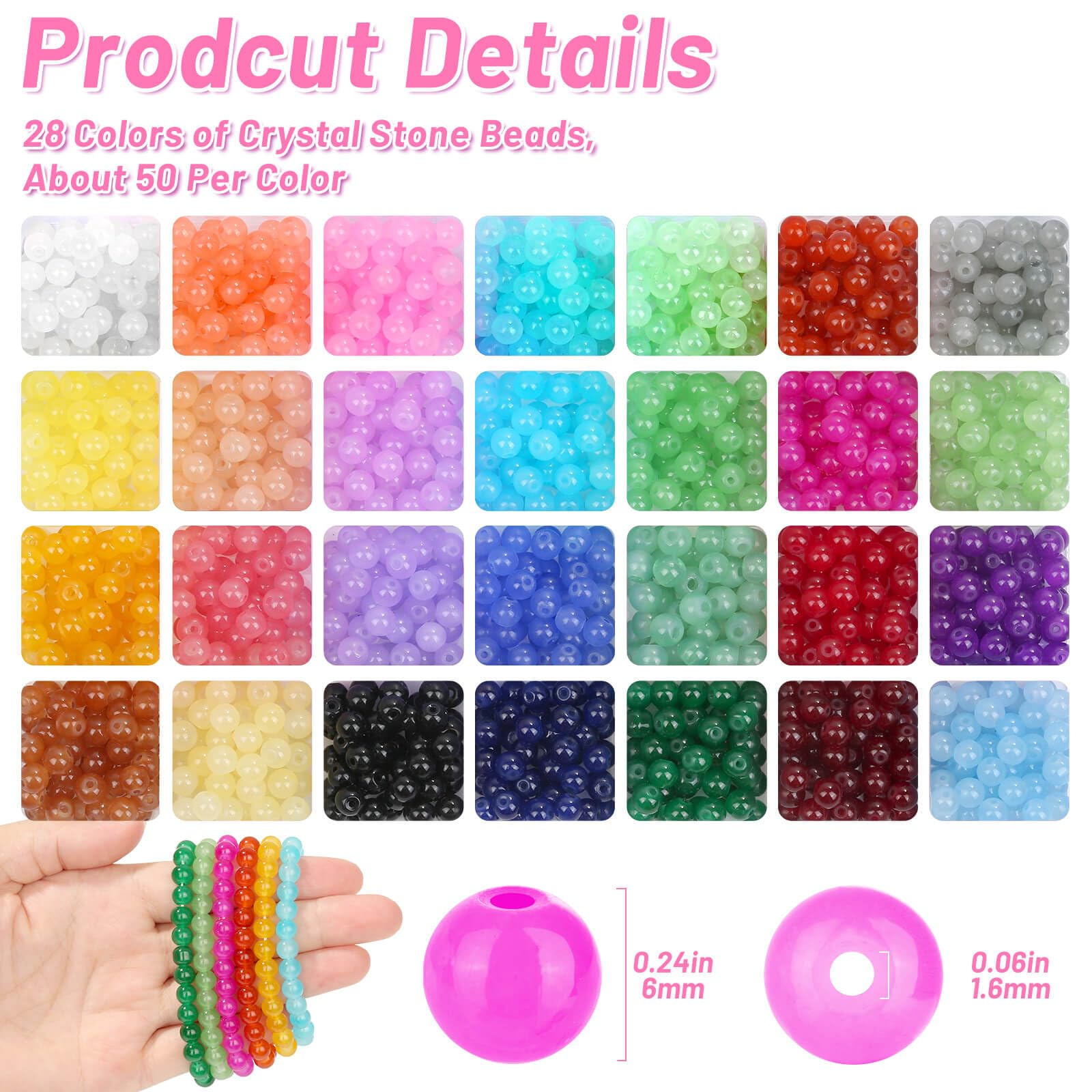 shynek 1400 Pieces 6mm Round Glass Beads for Jewelry Making, 28 Colors Crystal Beads for Bracelets Jewelry Making and DIY Crafts(Solid Color)