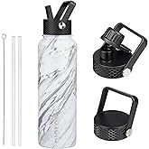 BJPKPK Insulated Water Bottles with Straw Lid, 40oz Stainless Steel Water Bottles with 3 Lids, BPA Free Leakproof Thermo, Tumblers, Cups for Sports, Gym-Carrara Marble