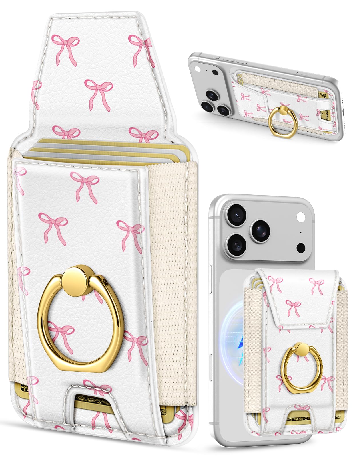 Shorogyt Compatible with Magsafe Wallet with Ring Grip Magnetic Card Holder - Cute Phone Wallets with Stand for iPhone 17/16/15/14/13/12 Series for Women Girls Bow Design, Fit 7 Cards