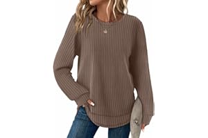 WIHOLL Tunic Tops for Women Loose Fit Dressy Waffle Knit Long Sleeve Shirts Trendy Fall Fashion Crewneck Sweaters Curved Hem