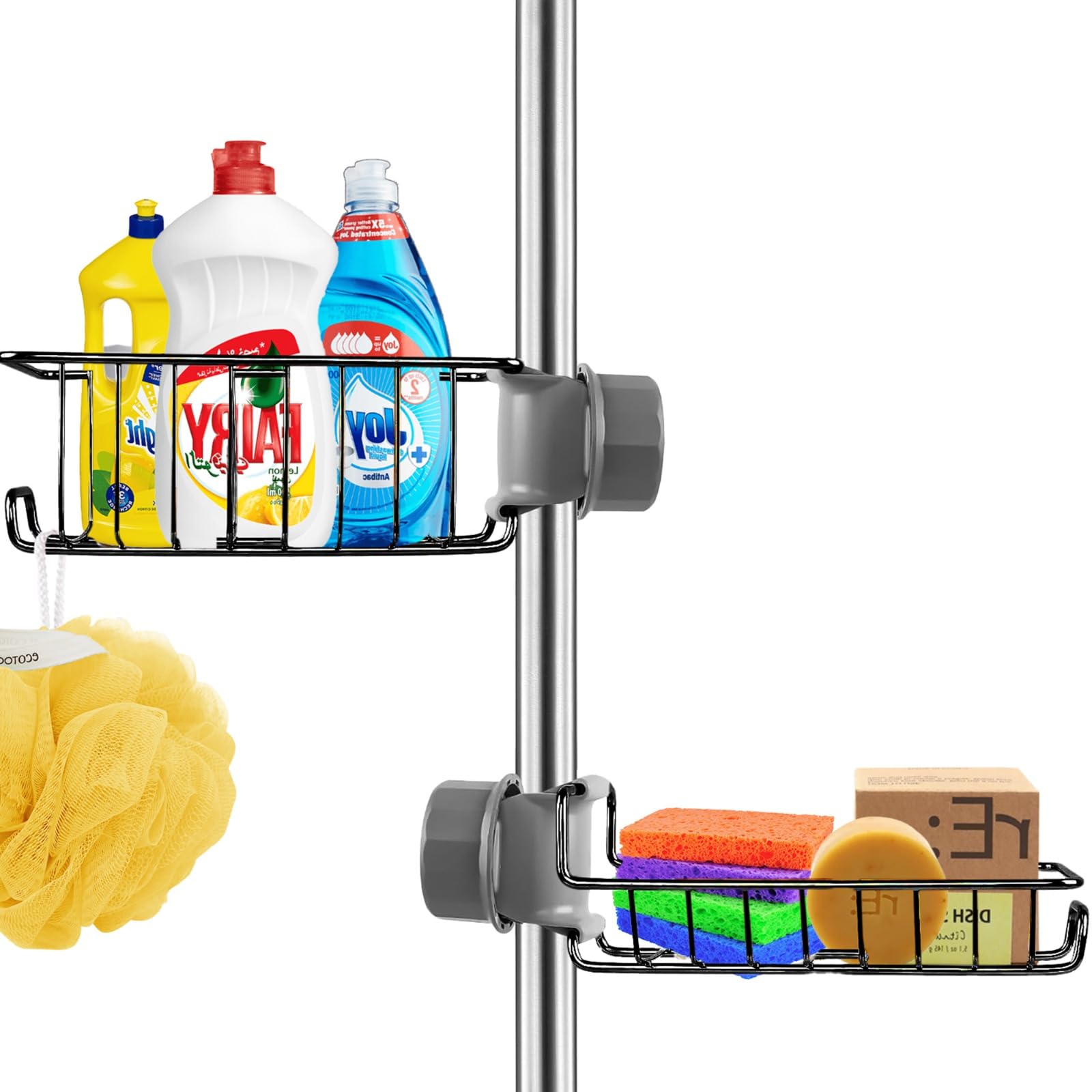 CUTLERIA 2 Pcs No-Drill Shower Caddy, Rustproof Stainless Steel Hanging Shelf Rack for Shower Riser Rail (18–27mm), Bathroom Organizer with Hooks, Black