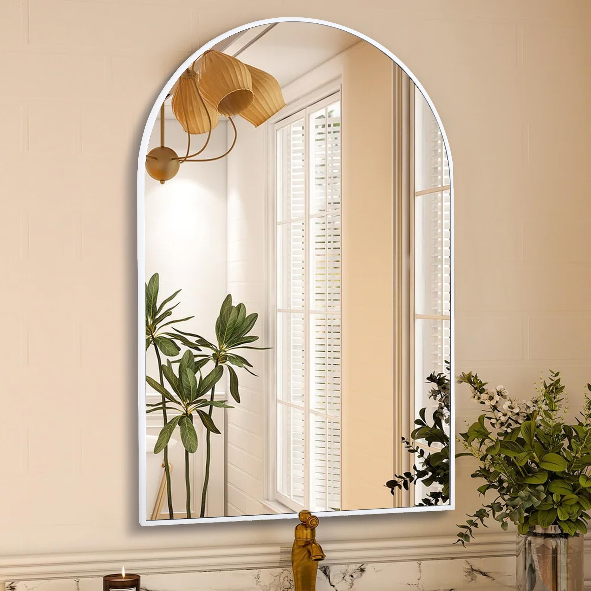 Photo 1 of White Arched Wall Mirror 24 x 36 Inch, Modern White Wood Framed Arch Bathroom Mirror with Tempered Glass for Bathroom, Bedroom or Entryway