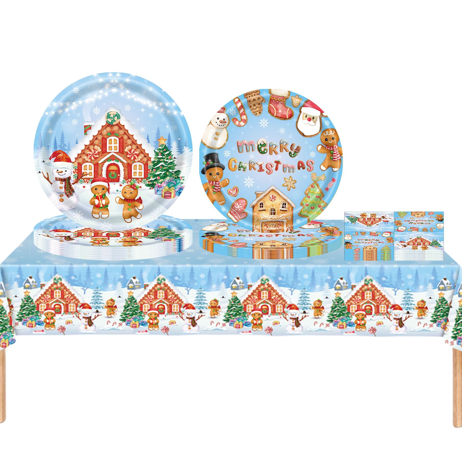 53Pcs Christmas Party Tableware Decorations Set,Christmas Blue Gingerbread Man Tableware Party Table Cloth,7inch Paper Plates,Paper Napkins,9inch Plates for Xmas Picnic Supplier