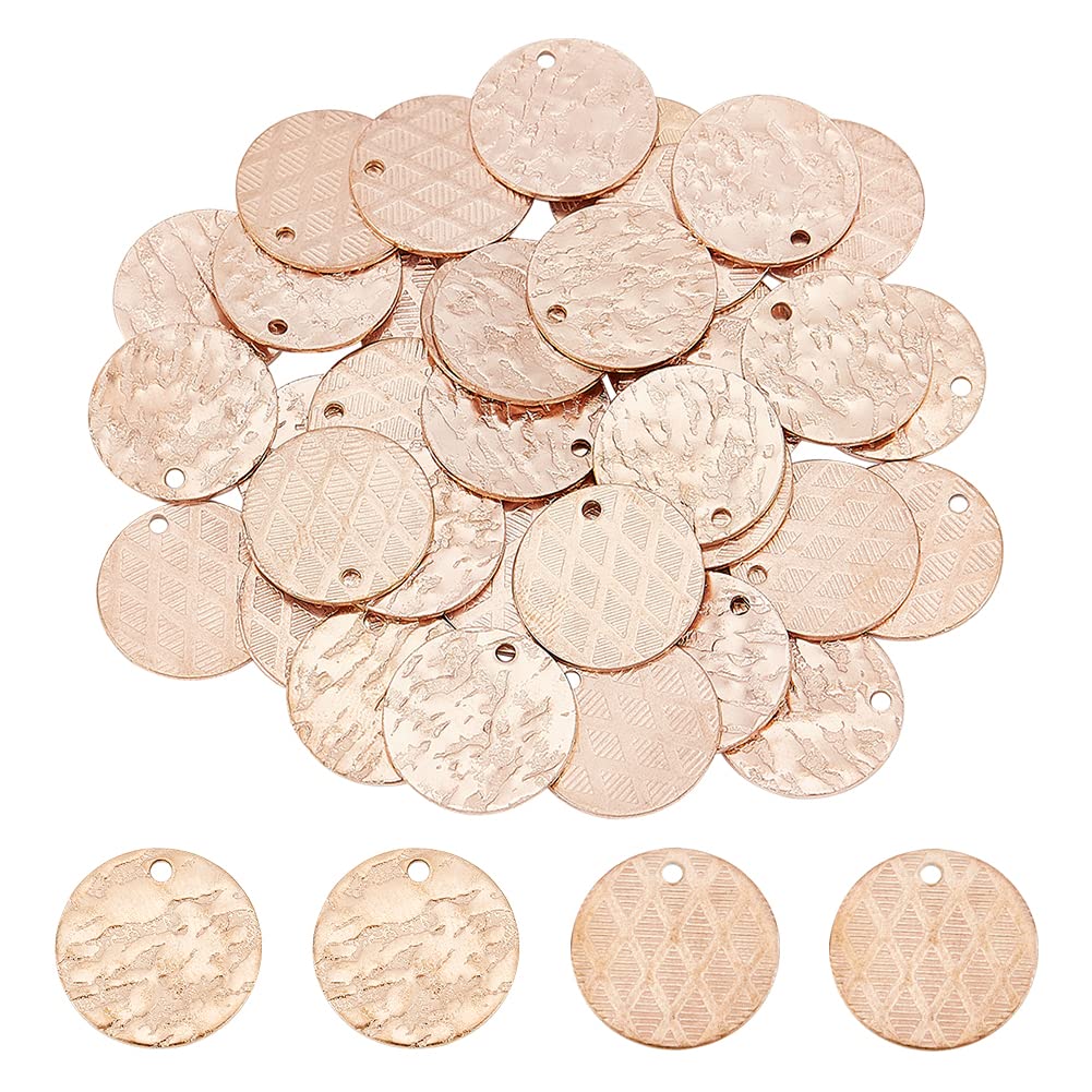 DICOSMETIC 40Pcs 2 Styles Flat Round Pendants Textured Round Charms Rose Gold Disc Charms Metal Bumpy Surface Charms Blank Message Word Tag Pendants for Jewelry Making, Hole: 1.2mm