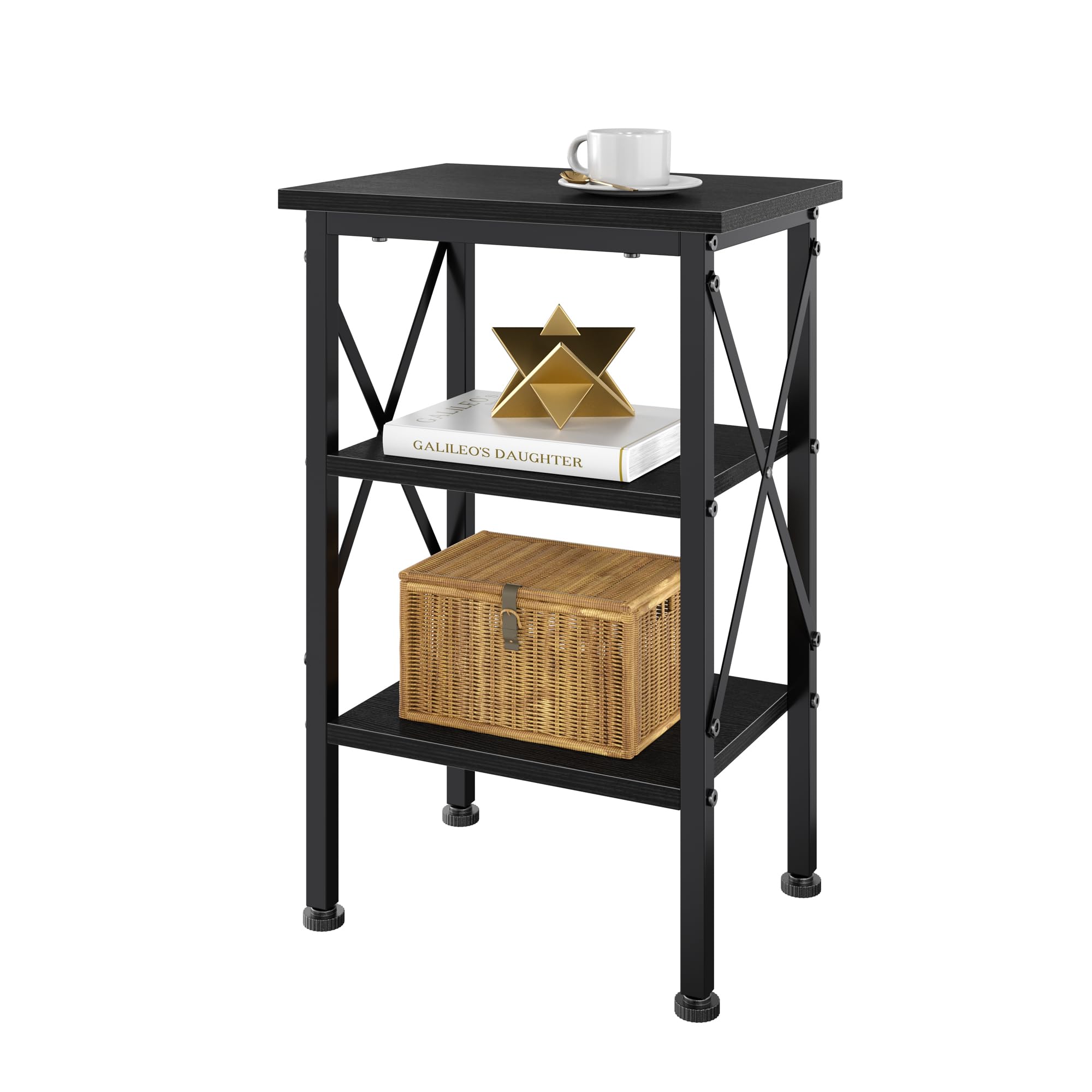 VECELO End Table, Bedside Table, 24" Tall Living Room End Tables, X-Design Reinforced Nightstands, Side Table with 3-Tier Storage Shelves for Small Spaces, Office, Bathroom, Bedroom, Classic Black Image