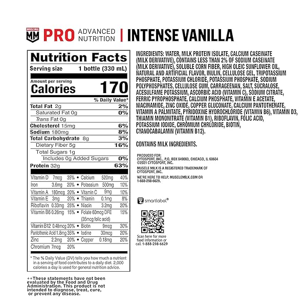 MUSCLE MILK PRO ADVANCED NUTRITION PROTEIN SHAKE, INTENSE VANILLA, 11.16 FL OZ (PACK OF 12), 32G PROTEIN, 1G SUGAR, 16 VITAMINS & MINERALS, 5G FIBER, WORKOUT RECOVERY, ENERGIZING SNACK, PACKAGING MAY VARY