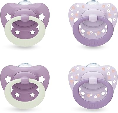 NUK First Choice Classic Night Dummies 0-6 Months 4 Count Glow in Dark Purple