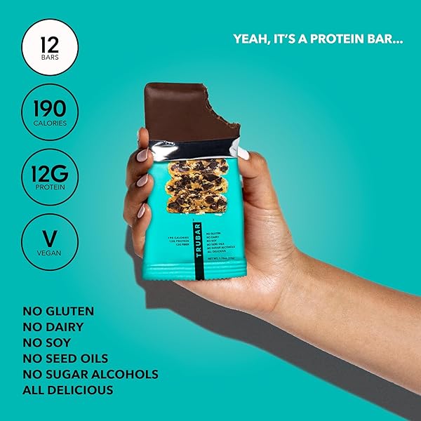 TRUBAR VEGAN PROTEIN BAR, OH OH COOKIE DOUGH, GLUTEN FREE, PLANT BASED, HIGH FIBER, DAIRY FREE, LOW FAT, NON GMO, NO SUGAR ALCOHOLS, 12G LEAN PROTEIN, 13G FIBER, HEALTHY SNACK BARS, 12 CT
