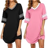 Ekouaer Nightgowns for Women 2 Pack Sleepshirts Short Sleeve Nightshirt V Neck Sleepwear Casual Pajama Dress