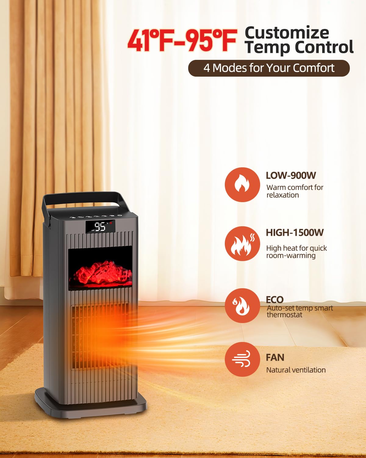 KNKA Space Heater with Thermostat, Electric Space Heaters for Indoor Use, 90° Oscillation, 4 Mode, 12H Timer, 1500W Fast Heating Ceramic Heater for Bedroom, Home, Office - ETL Certified, 13.78