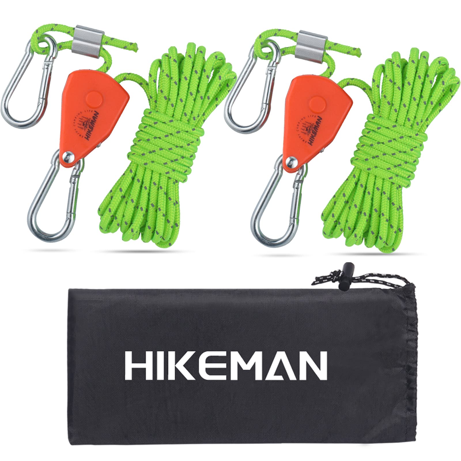 Tent Guy Ropes with pulley - 4mm Reflective Cord Tent Guide Rope with Aluminum Adjuster for Outdoor Camping Hiking Awning Tents (2PCS-Fluorescent Green)