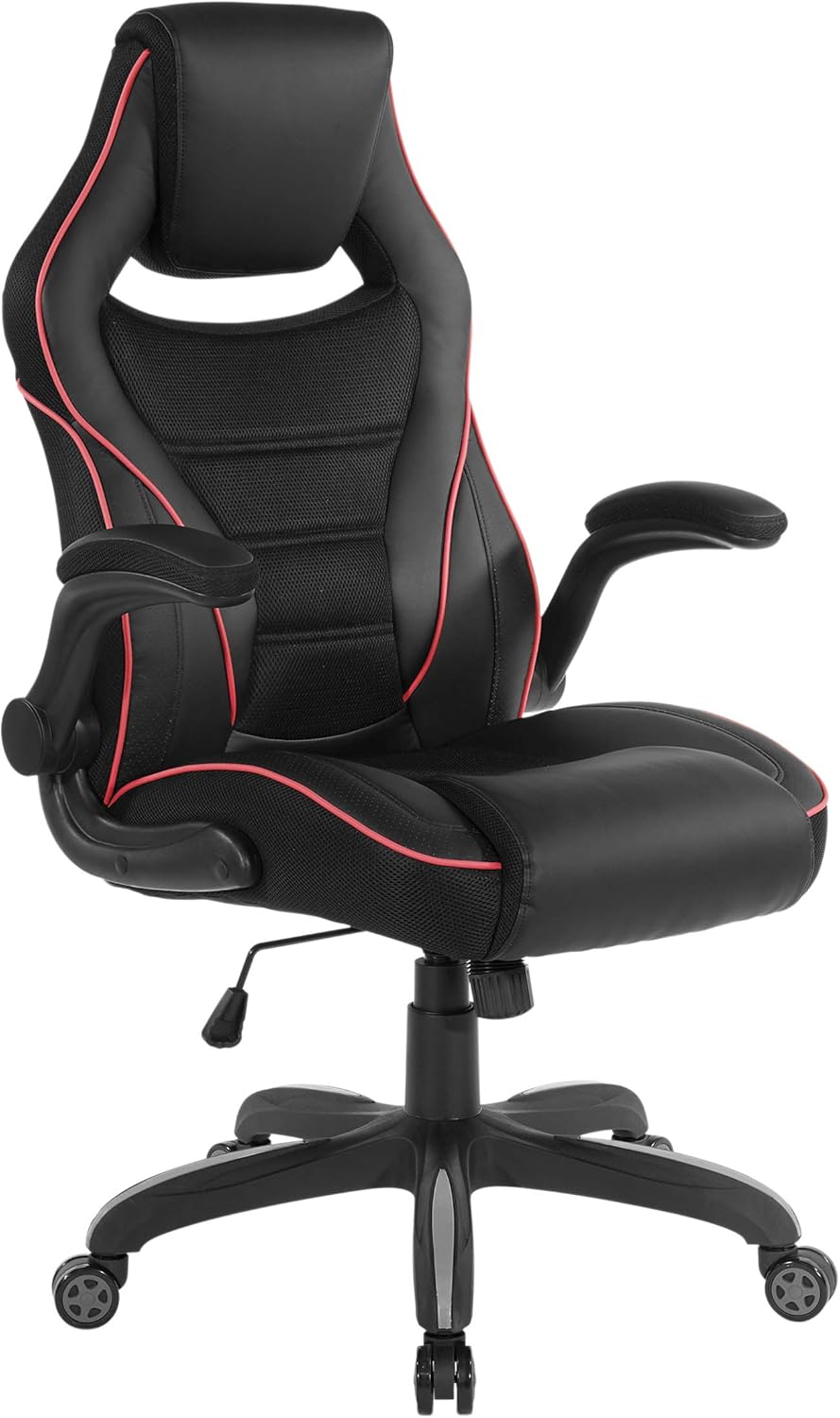 OSP Furniture Xeno Ergonomic Adjustable Gaming Chair, Black with Red Accents