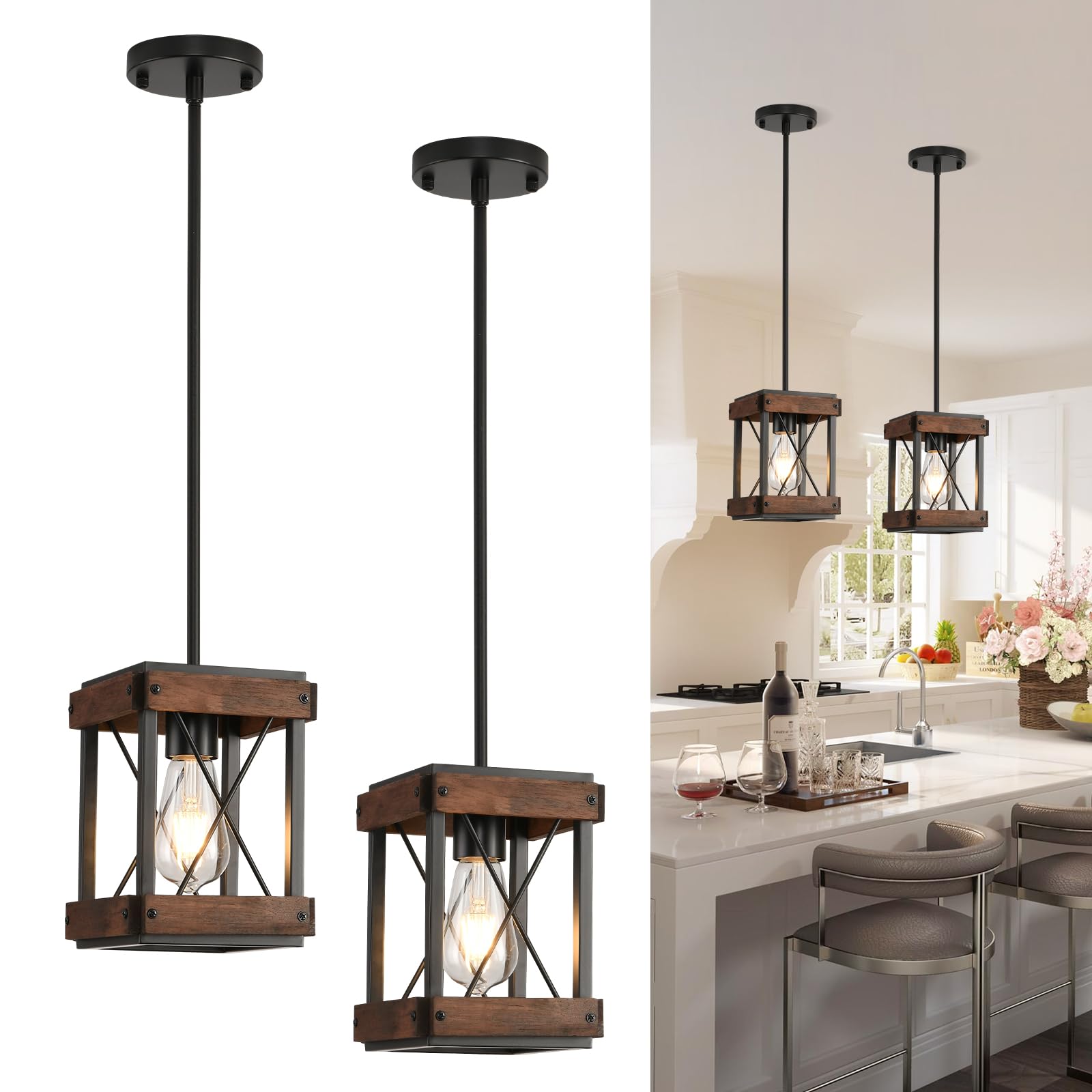 Photo 1 of HOXIYA Farmhouse Pendant Light, 2 Pack Rustic Farmhouse Linear Chandelier with Wood and Metal Cage, Kitchen Island Pendant Light Adjustable Height for Dining Room Light Kitchen Island Bedroom
