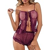 Kolagri Sexy Women Lace Pajamas Lingerie Set High Waist Sheer Sleepwear Bow Ties Cami Shorts Set