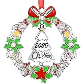 Christmas Ornament 2025 Decoration for Xmas Tree Hanging Metal Christmas Wreath with Rotatable Tree Dated 2025 Shiny Silver Ornaments Holiday Decorative Xmas Gifts for Family Friends