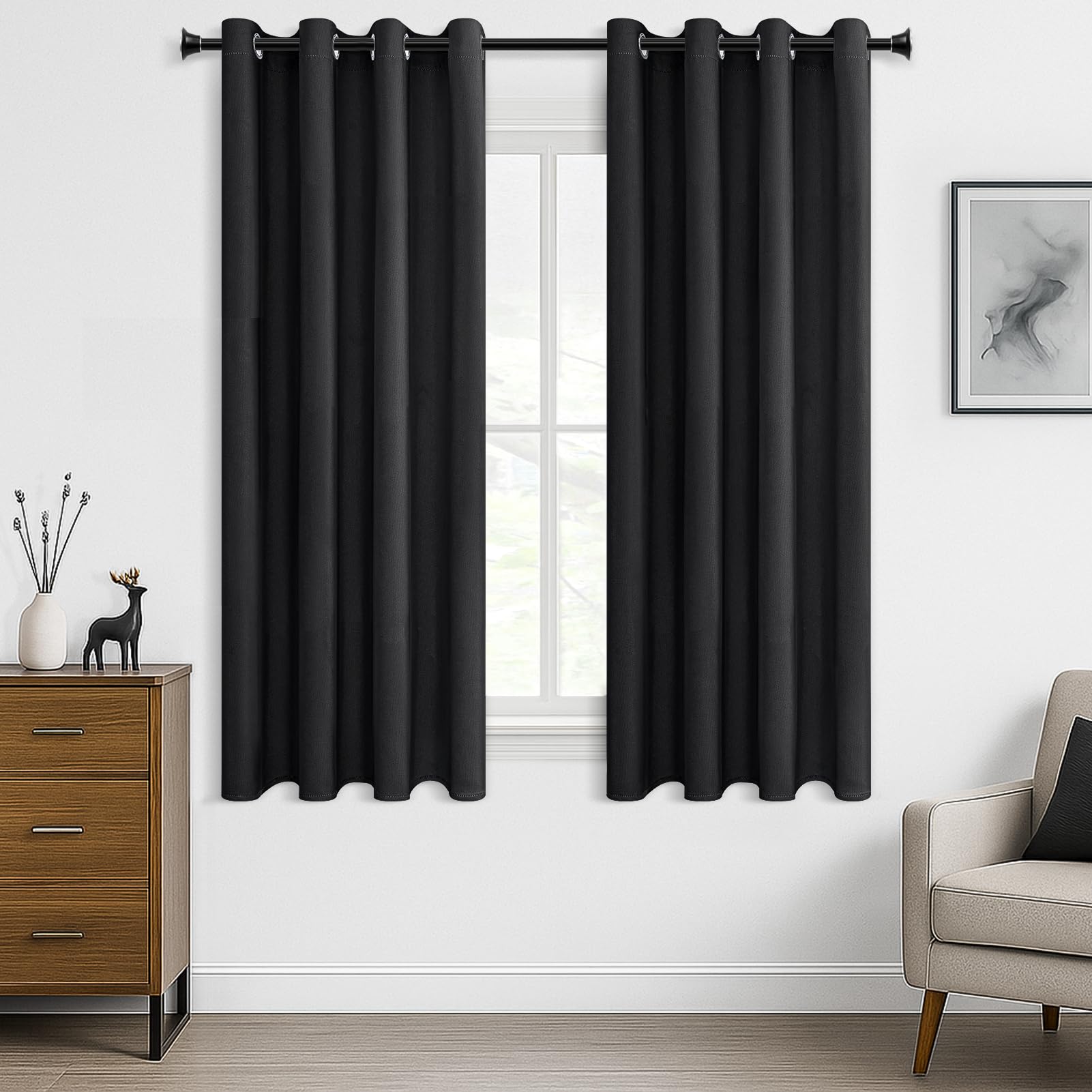 MRTREES Black Eyelet Curtains 54 Inch Drop, Thermal Blackout Curtains for Bedroom Soft Fabric, 2 Panels 117x137 CM 46x54 Inch Black