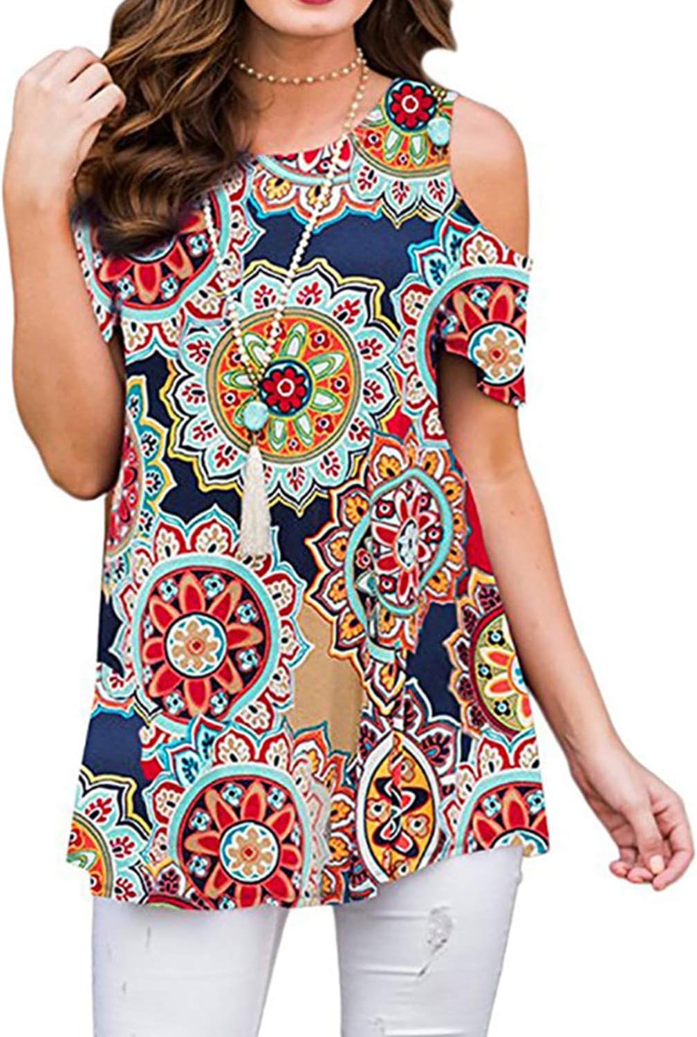 Luranee Womens Cold Shoulder Shirts Short Sleeve Crew Neck Floral Tunic Tops