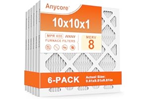 Anycore 10x10x1 Furnace Air Filter MERV 8 MPR 600 FPR 5 HVAC Pleated Filters for Home Office 6-Pack (Actual Size: 9.81x9.81x0.81 inch)