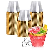 Goodluck 100PCS 9oz Gold Plastic Cups, Clear Plastic Cups with Gold Rim,Heavy Duty Disposable Hard Plastic Cups,Plastic Cockt
