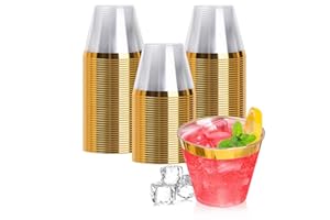 Goodluck 100PCS 9oz Gold Plastic Cups, Clear Plastic Cups with Gold Rim,Heavy Duty Disposable Hard Plastic Cups,Plastic Cockt