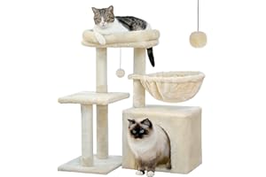 PEQULTI Small Cat Tree, [28.5''] Cat Tower for Indoor Cats, 2 Styles Cat Activity Tree with Cat Scratching Posts, Big Hammock and Removable Top Perch Beige