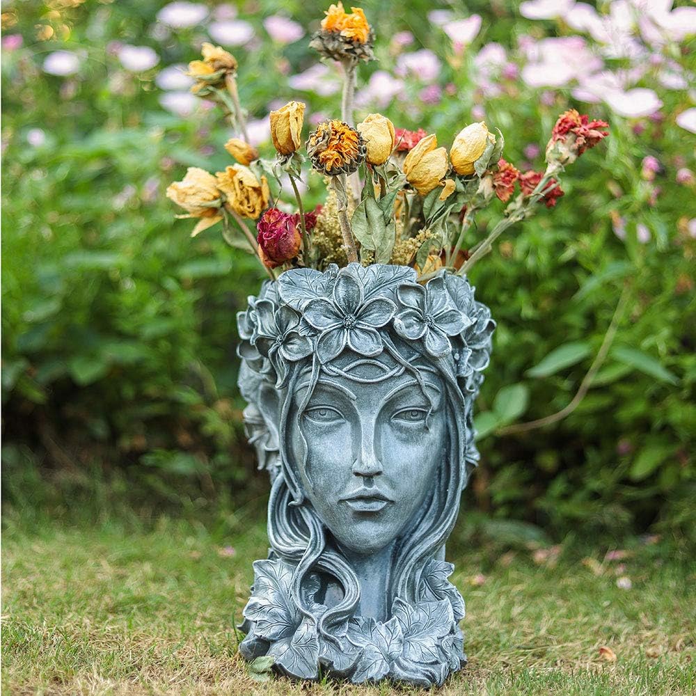 Sungmor Premium Resin Goddess Head Planter, 14”/35CM Tall Large Flower Pot, Beauty Face Figurine Ornament Container