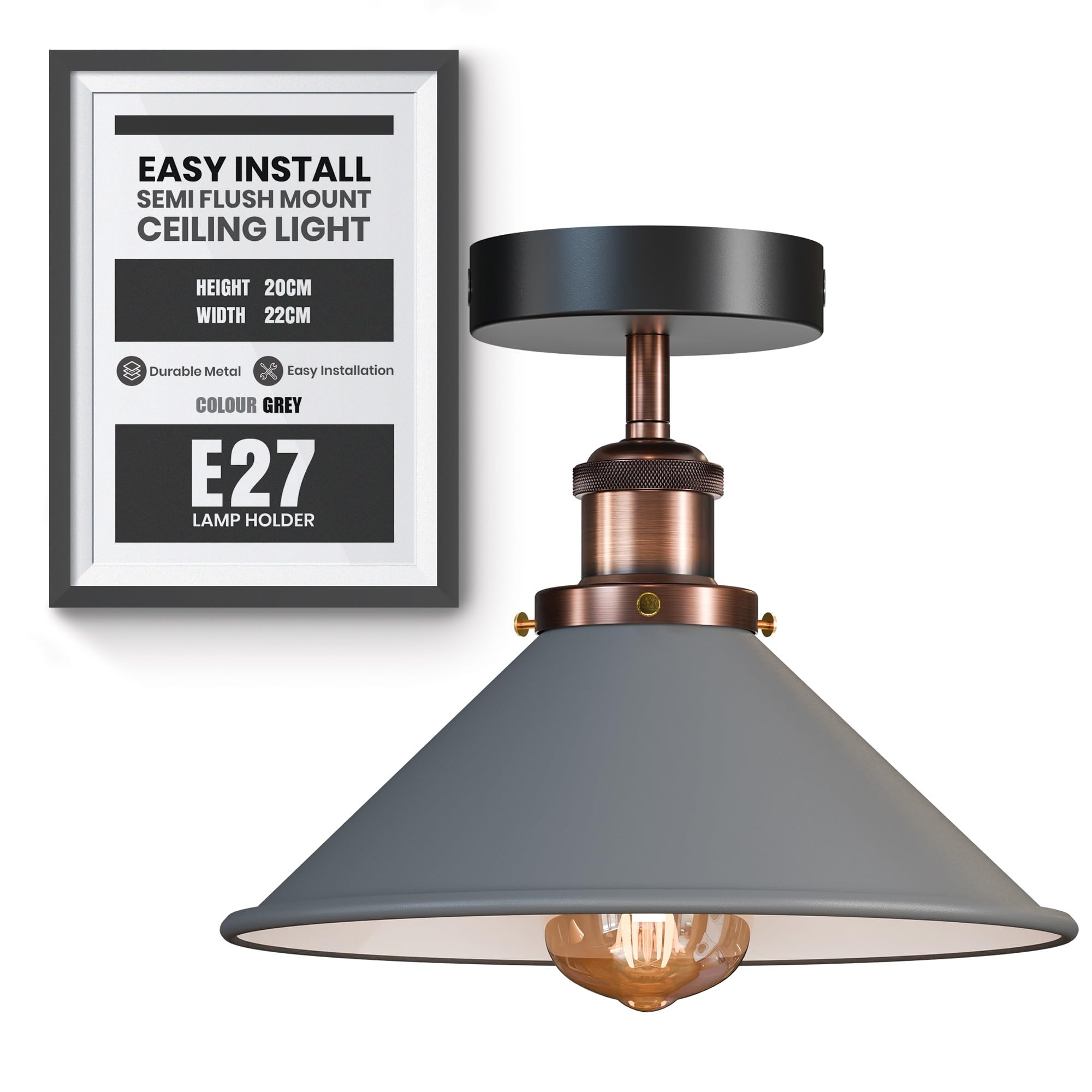 DC VOLTAGE Vintage Ceiling Light Semi Flush Mount Industrial Metal 22cm Grey E27 Holder Lamp Shade for Living Room Kitchen Bedroom Hallway Corridor Restaurant with Bulb