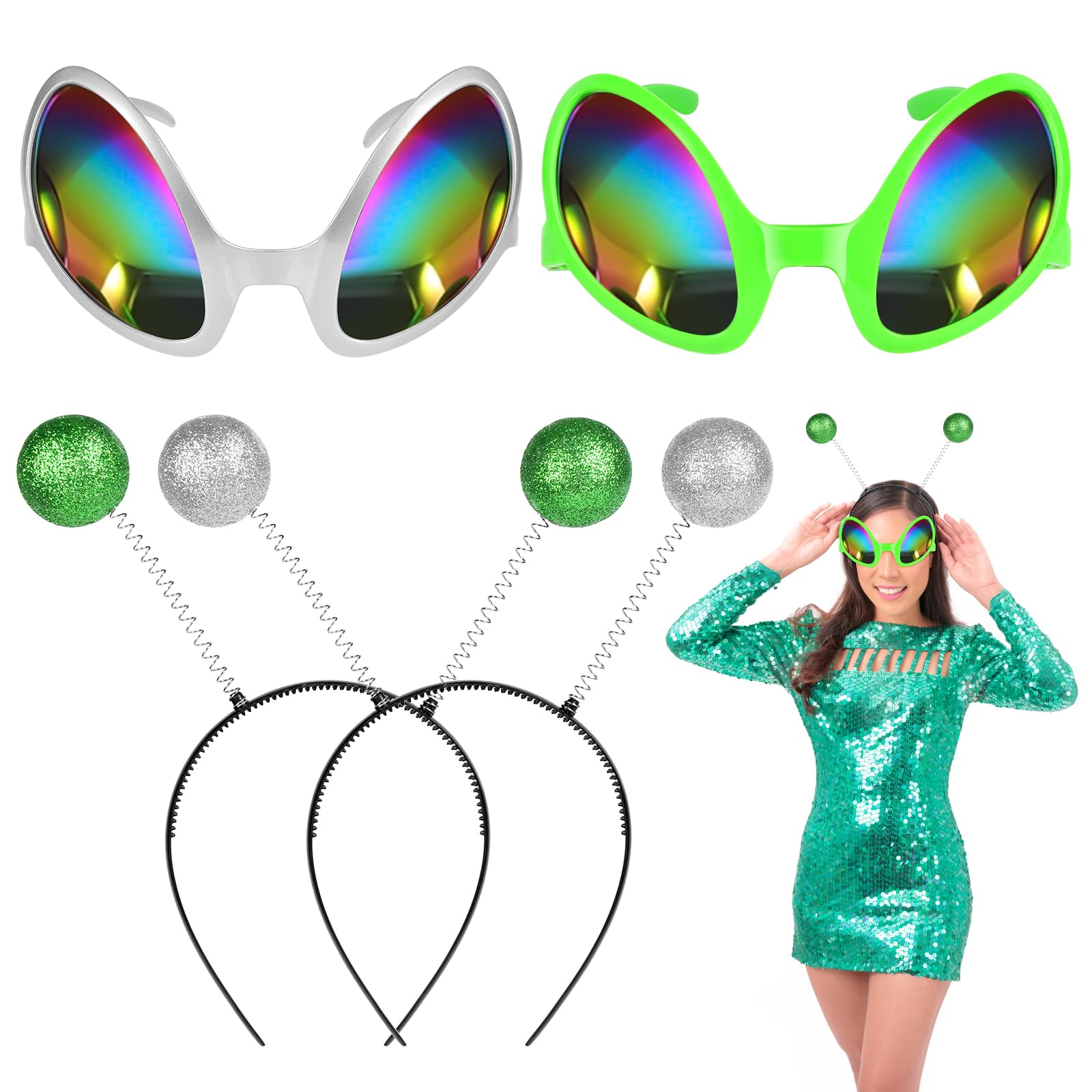Ainiv 2 Pairs Alien Headband And Glasses, Alien Antenna Headband Rainbow Lens Sunglasses, Hairband Shading Mirror Novelty Costume Party Favors Accessories for Adult Kids Halloween