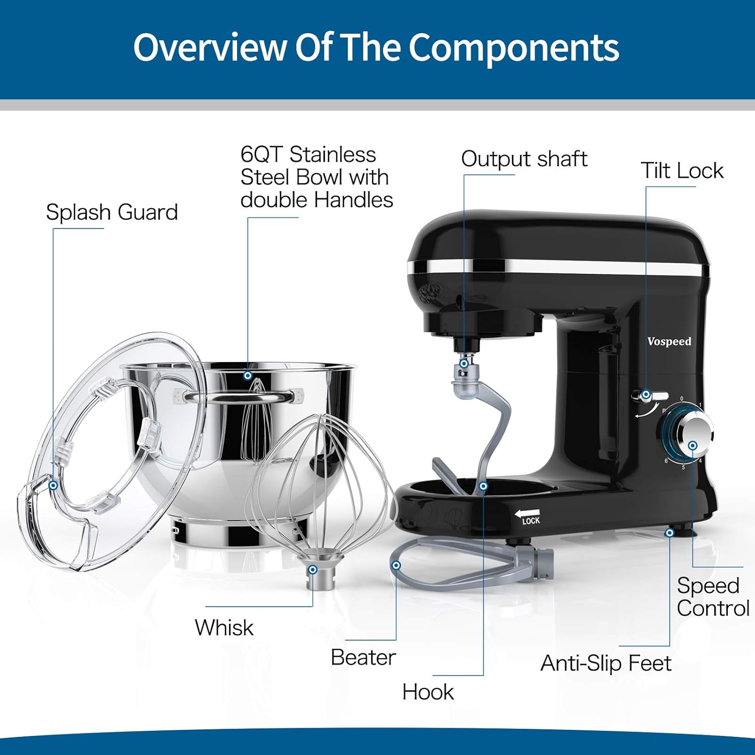 Stand Mixer, Vospeed Food Mixer Dough Blender, 6.2L Electric Cake Mixer with Bowl, Beater, Hook, Whisk - Image 3
